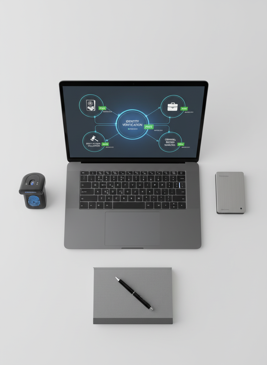 An overhead photographic view of a sleek, dark grey laptop on a matte white desk, its screen showing a stylized flow of automated background checks: interconnected icons for identity verification, employment history, criminal record searches, and right-to-work validation, each with clear pass/fail symbols referencing BS7858:2019 compliance. Surrounding the laptop are minimalist objects symbolizing HR and security, like a small biometric fingerprint reader, an encrypted external drive, and a closed notebook with a pen. Soft, even studio lighting casts gentle shadows, creating a crisp, high-contrast look. The mood is efficient and precise, with a clean, modern aesthetic and sharp focus throughout to suggest reliability and clarity in staff vetting processes.