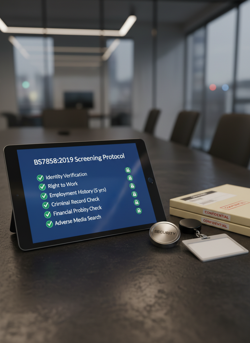 A close-up, photographic shot of a secure digital checklist displayed on a tablet lying on a dark, textured conference table, each line item marked with green verification ticks and small padlock icons to represent completed BS7858:2019 screening stages. Beside the tablet rests a metal key fob, a blank security badge on a retractable reel, and a slim stack of anonymized staff files with barcoded labels, implying HR professionals overseeing sensitive roles but without any human presence. Warm overhead office lighting creates subtle reflections on the tablet glass and metallic surfaces, giving a controlled, confident atmosphere. The composition uses rule of thirds, with shallow depth of field and a softly blurred background of a modern glass-walled meeting room.