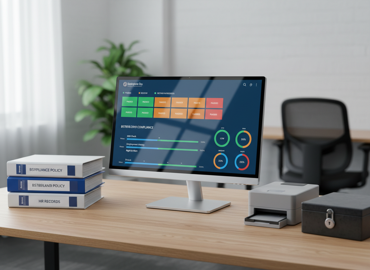 A clean, modern security operations dashboard displayed on a slim, frameless monitor sitting on a light oak desk, the screen filled with colored status tiles, progress bars, and risk indicators representing automated staff screening checks to BS7858:2019 standards. Around the monitor, there are neatly stacked compliance binders, a discrete ID card printer, and a locked metal document box, hinting at HR and security workflows without showing people. Cool, diffused daylight from a nearby window illuminates the scene, creating soft reflections on the monitor and a calm, professional mood. Photographic realism, shot at eye level with a shallow depth of field, background office elements gently blurred for a focused, trustworthy, enterprise feel.