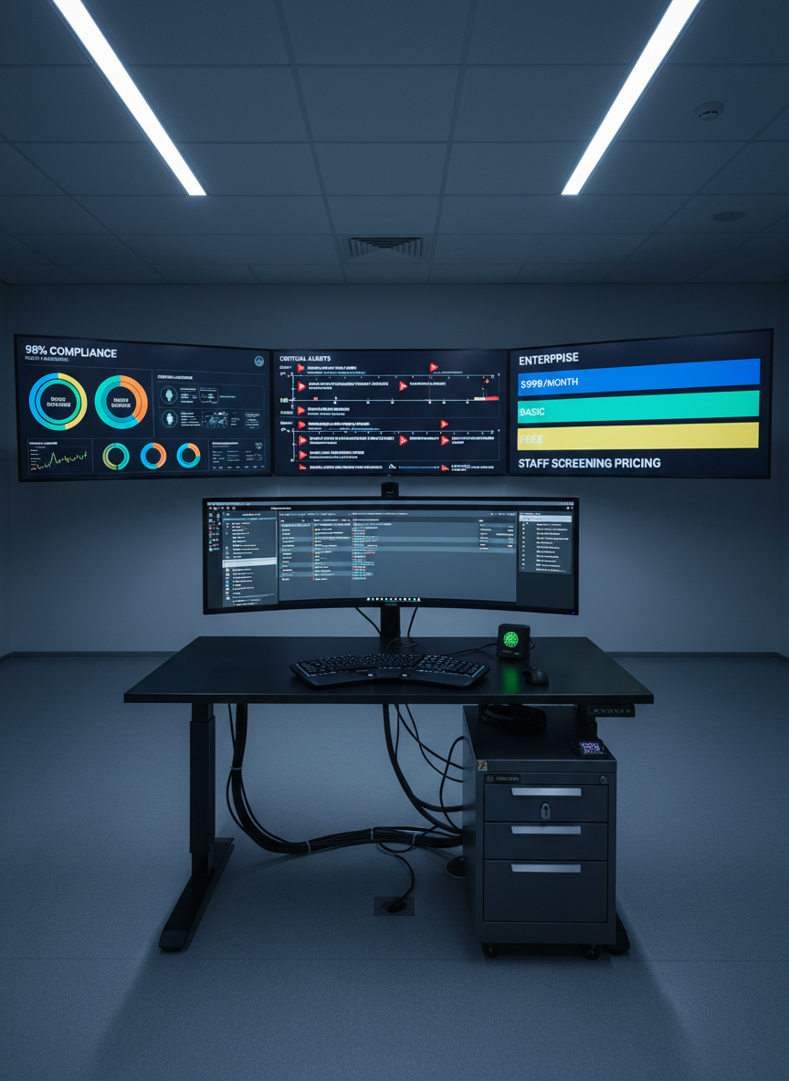 A wide, cinematic, photographic scene of a modern HR and security control room with multiple large wall-mounted screens, each showing colorful analytics for automated staff screening: compliance percentages, alert flags, candidate timelines, and pricing tiers visualized as clear, horizontal bands. A central standing workstation holds a curved monitor, ergonomic keyboard, and a secure smart card reader, with neatly coiled cables and a locked drawer unit underneath. Cool, bluish LED lighting from the screens mixes with subtle overhead illumination, casting a focused, tech-driven glow across the room. Shot from a slightly elevated angle with sharp focus, the atmosphere feels high-trust, data-secure, and efficient, emphasizing transparency and control in vetting workflows.